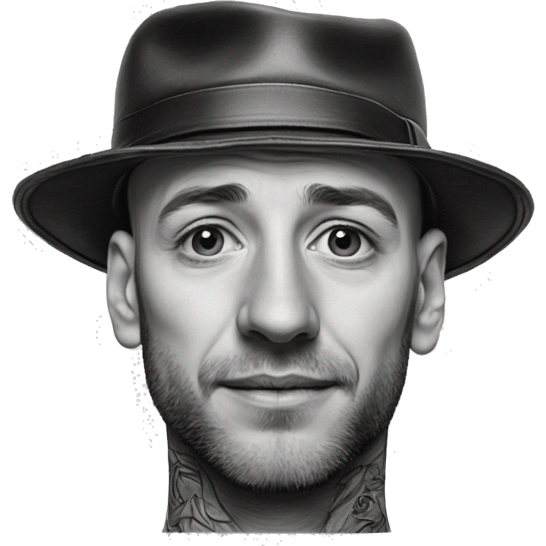 mann mt glatze schwarzer cap tattoo am hals und septum emoji