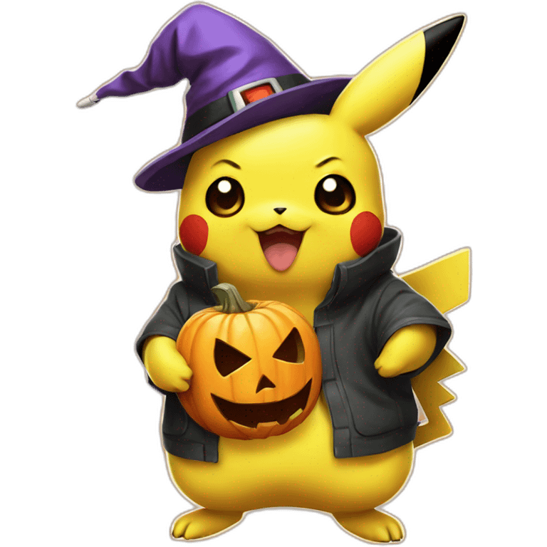 Pikachu holding a Halloween chumpkin emoji