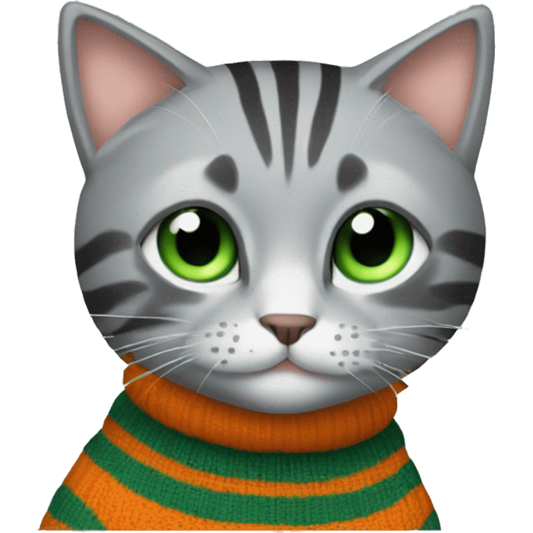 A striped grey cat with green eyes with orange sweater in full growth emoji