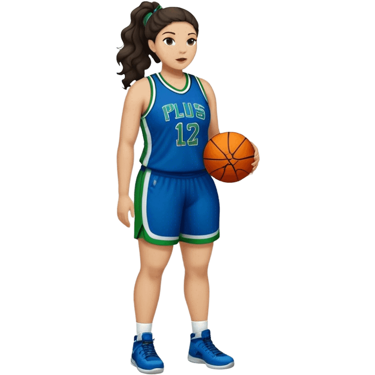 full body plus size light skin  latino women basketball player with wavy dark hair in pony tail wide nose wearing blue uniform with green accent emoji