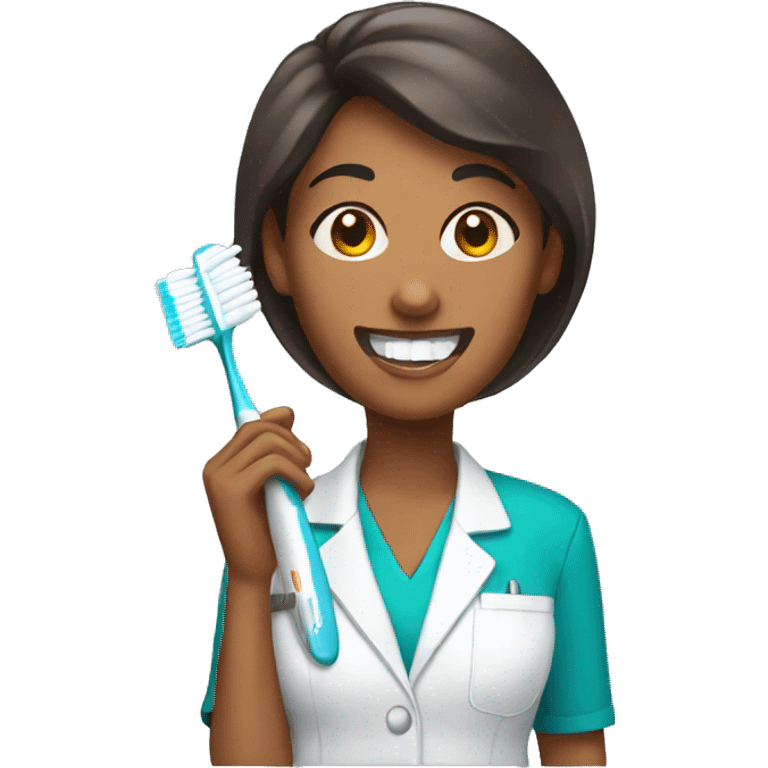 Brown woman dentist holding toothbrush emoji