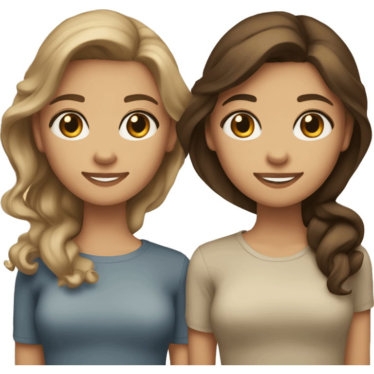 Two girl bestfriends one is brunette with middle to light skin brown eyes, the other one is dark blonde with light skin and blue eyes. Both hairs are a bit wavy but not a lot. They are smiling. emoji