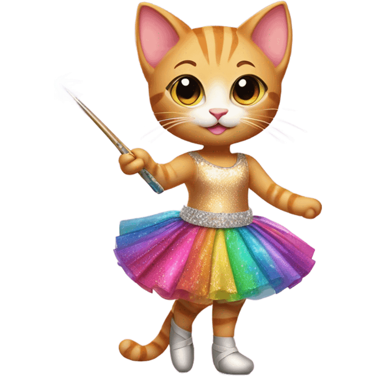 A ginger kitten wearing a skirt and point shoes holding a magic wand  emoji