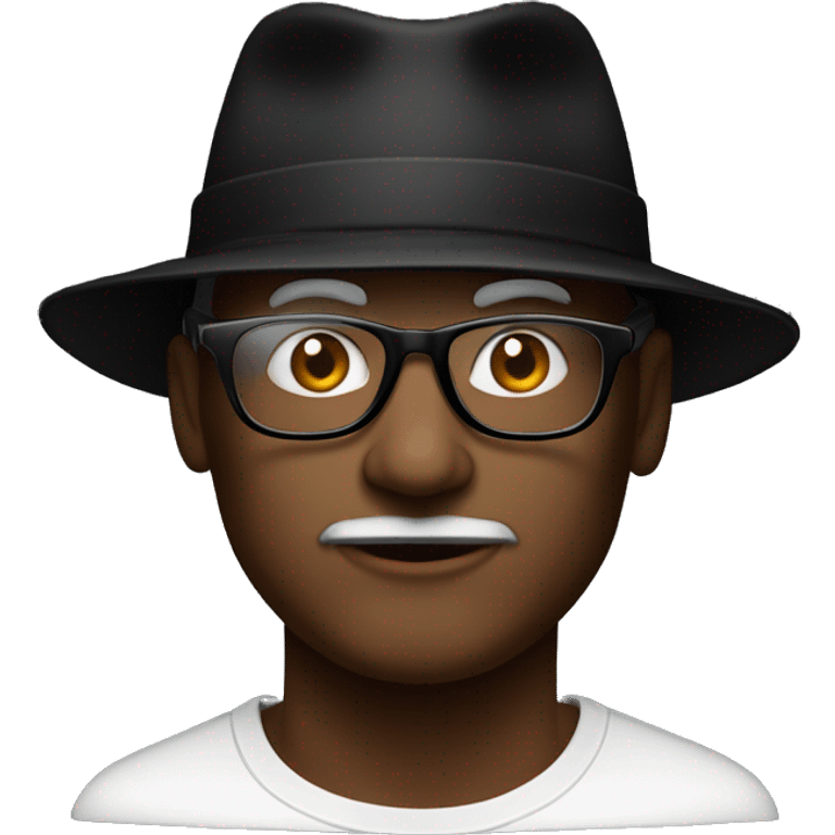 mid age man in white t-short, black hat with white dot on it, in black-framed glasses, on a black background  emoji