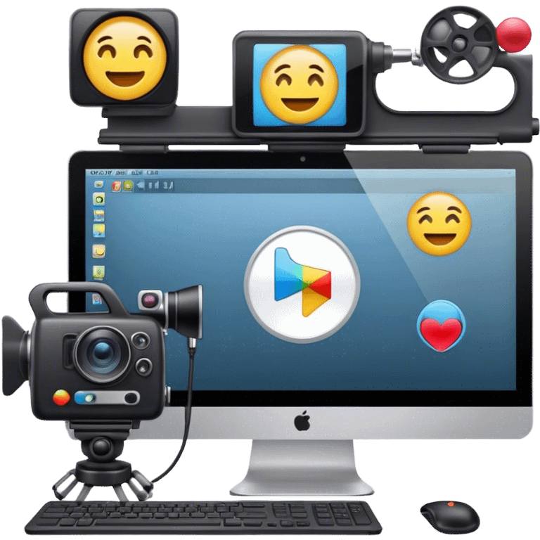 Create an emoji of video editing. Should feature a video editing timeline or interface on a computer screen, showing clips and a playhead. Include a video camera and editing tools. No smiley faces. Make the background transparent. emoji