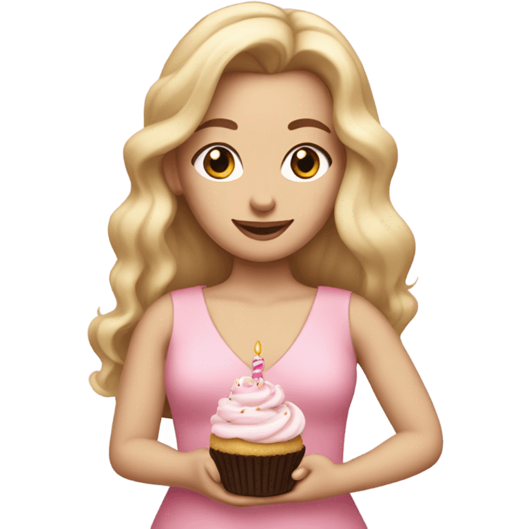 White woman, long hair, blonde hair, wavy hair, baby pink dress, holding birthday cupcake emoji