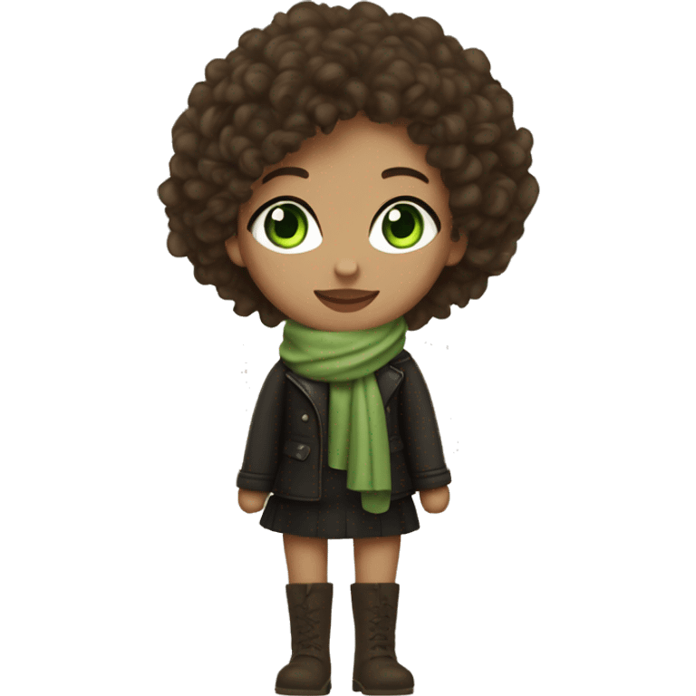 A girl with curly brown head and white skin. Green eyes long lashes wearing high knee boots , mini skirt with black tights  a leather jacket and a beige scarf with matcha green note on her hand  emoji