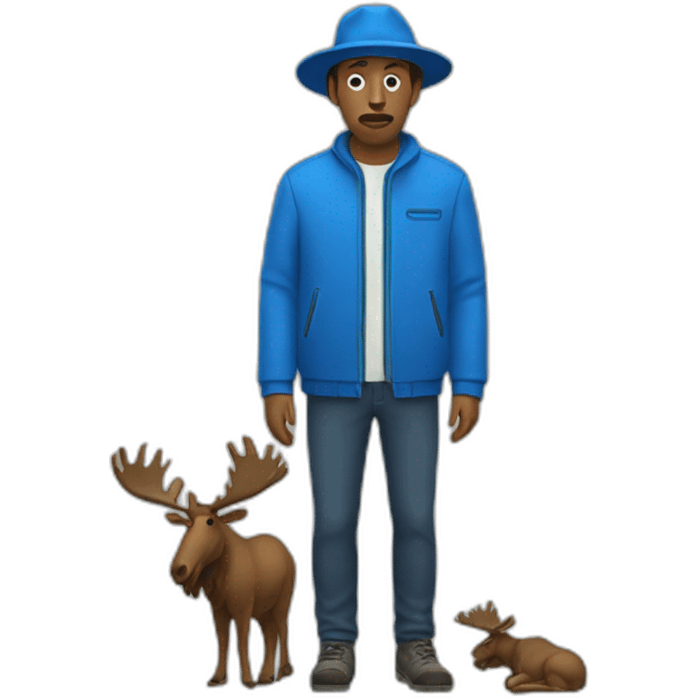 Man with blue jacket and cap with dead moose emoji