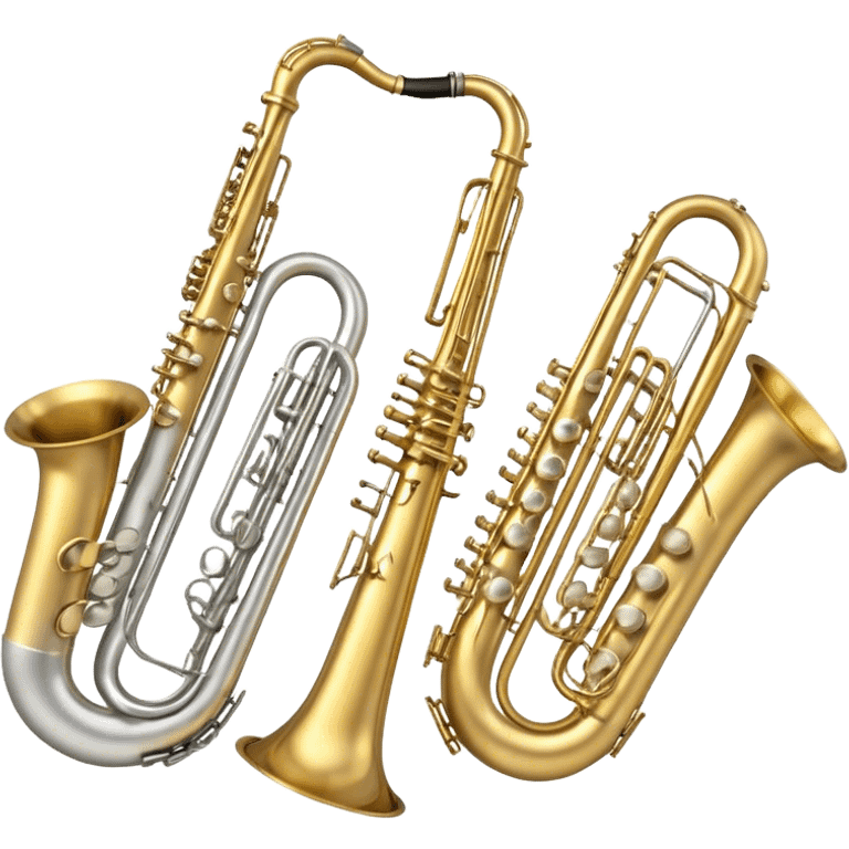 Create a professional, harmonious emoji collage symbolizing wind instruments.  The instruments should be in metallic gold, silver, and brass tones, with subtle reflections to convey a professional and polished appearance. Add soft musical notes or soundwaves to surround the instruments, creating a sense of movement and sound. The background should be transparent, ensuring all instruments are the focus and the composition remains harmonious and balanced. emoji