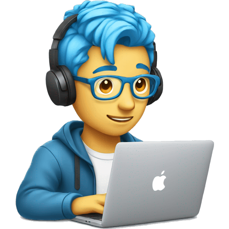 male programer coding in a macBook with headphones and blue hair  emoji