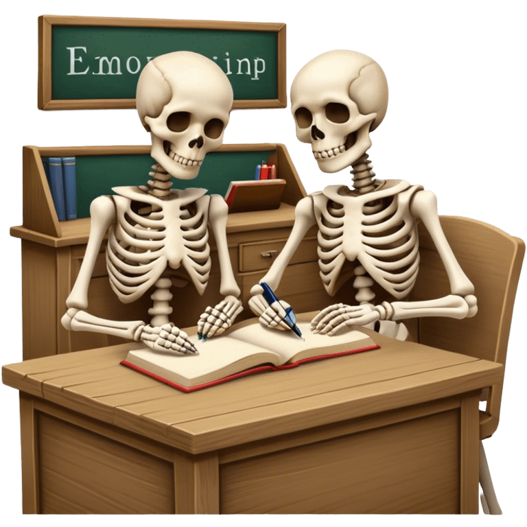 two skeletons sitting on the desk and writing something in their books emoji