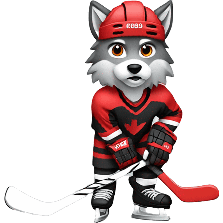 A wolf in a red black and white hockey uniform with a wolf emblem is playing hockey emoji