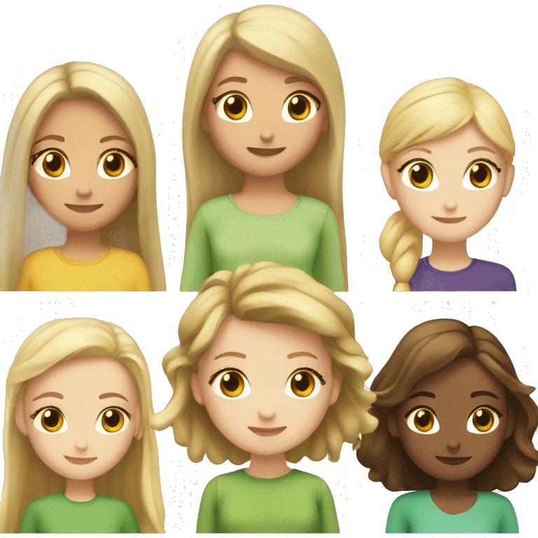 two girls, one with long brown hair, a long blonde with short but not bob hair, the blonde has long eyes, and the fair one has green emoji