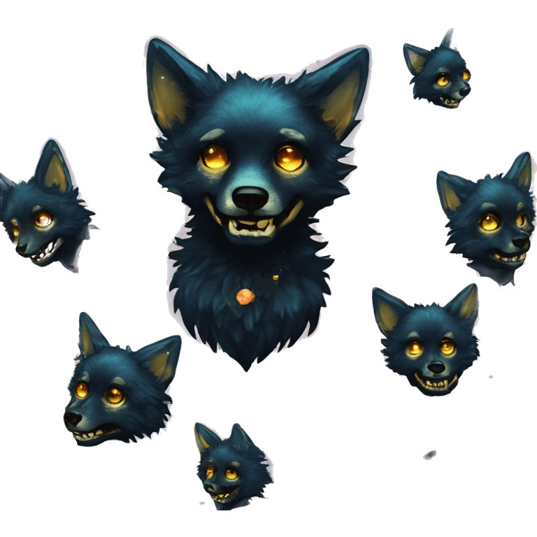 Black iridescent fluffy dog fox head zombie skull skeleton gold mechanical nebula galaxy stars colorful flowers fairy lights vintage emoji