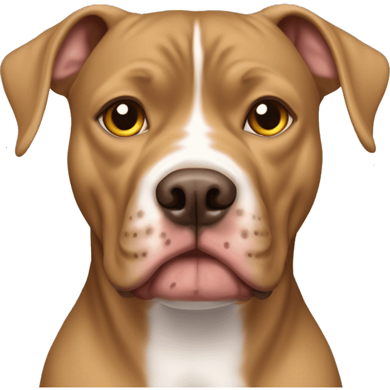 A light brown pitbull femail dog with cripped ears and golden eyes, her face is golden brown without white spots, her chest has a white spot emoji