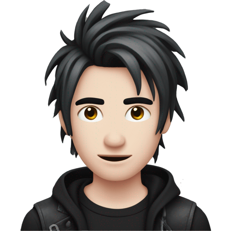 Create an emoji of an emo guy with split-dyed hair—one side pastel pink and the other side black. The hair should have a slightly messy, choppy texture, and the character should have a subtle, sad expression, wearing dark clothing typical of emo fashion emoji