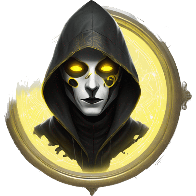 A digital painting of a SPECTRE, cyberpunk man with glowing yellow eyes and black and white face paint, wearing a dark hooded cloak, portrait, intricate details, silver ornate circular frame emoji