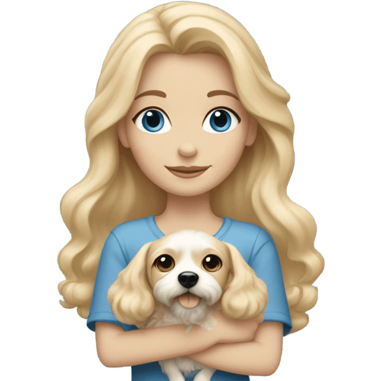 Blonde-haired girl with blue eyes and holding cavachon dog emoji