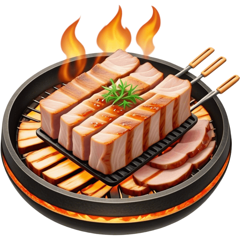 Cinematic Realistic Samgyeopsal Dish Emoji, depicted with sizzling, thick slices of pork belly grilled to perfection rendered with rich textures and warm, inviting lighting. emoji