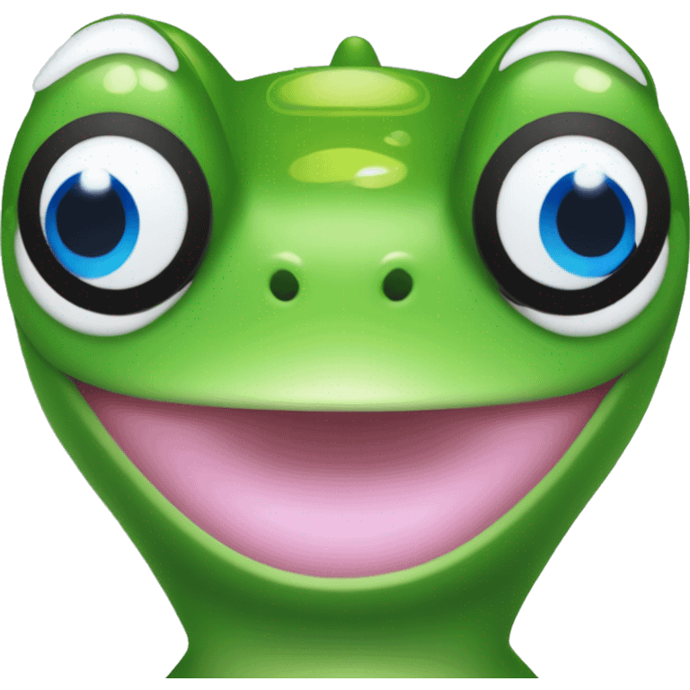 pixel green frog face with blue eyes and smile with AirPods Max on her head emoji