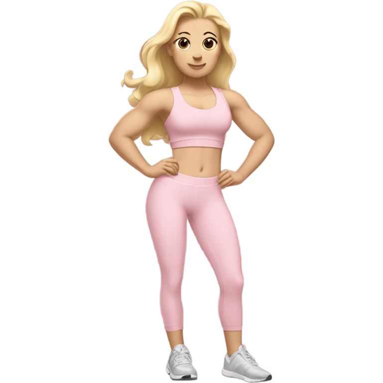 White woman, pale skin, long hair, blonde hair, wavy hair, baby pink sports bra, baby pink leggings, flexing right arm, left hand on hip emoji