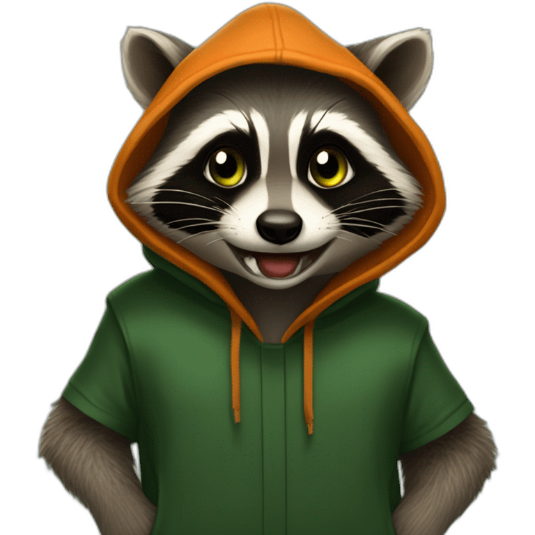 80 / 5,000 Resultados de traducción Traducción brown raccoon with orange eyes and a dark green hood that is laughing emoji