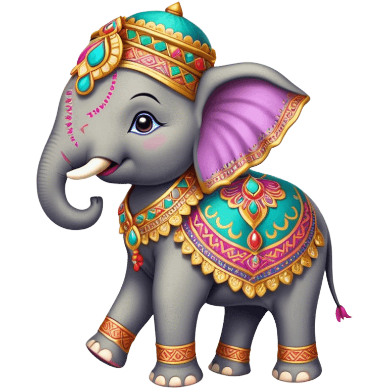 Decorated Indian elephant – Cinematic Realistic Decorated Indian Elephant, depicted as a majestic elephant adorned with vibrant, ornate ceremonial decorations and rich, colorful fabrics, set against a festive Indian backdrop with warm golden lighting that highlights its cultural significance. emoji