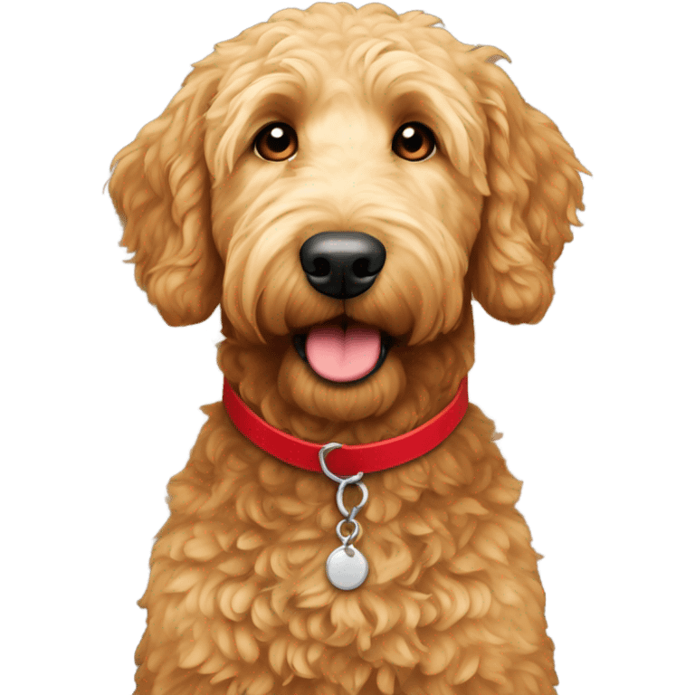 Golden doodle with white spot on forehead with red collar  emoji