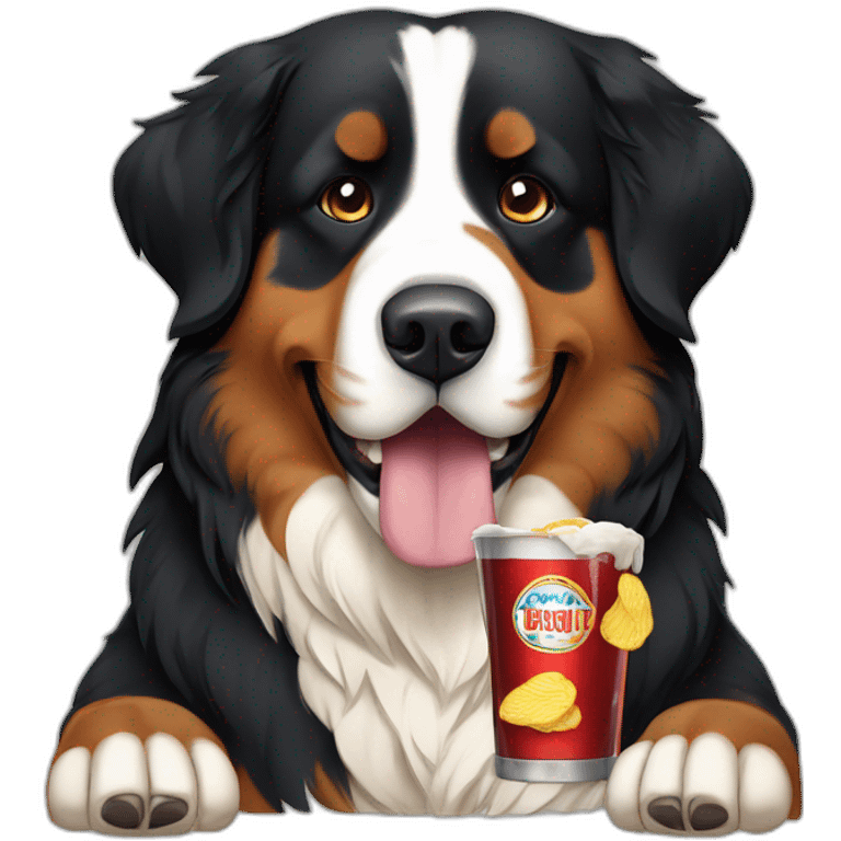 bernese mountain dog drinking beer eating chips emoji