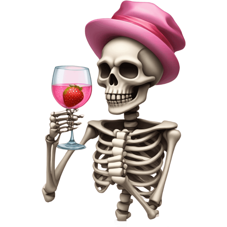 Skeleton sipping pink champagne with strawberries  emoji