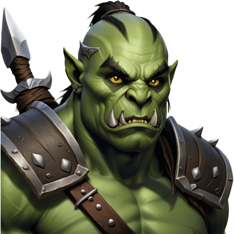 Cinematic Realistic WoW Orc Warrior Portrait, head tilted epicly and inquisitively, showcasing a commanding presence and raw, unyielding power. His battle-hardened green skin and muscular form, accented by meticulously crafted tribal armor in deep earthy hues, are rendered with lifelike clarity and dynamic lighting, high shine, epic and awe-inspiring, embodying the relentless spirit of an orc warrior ready for battle. emoji