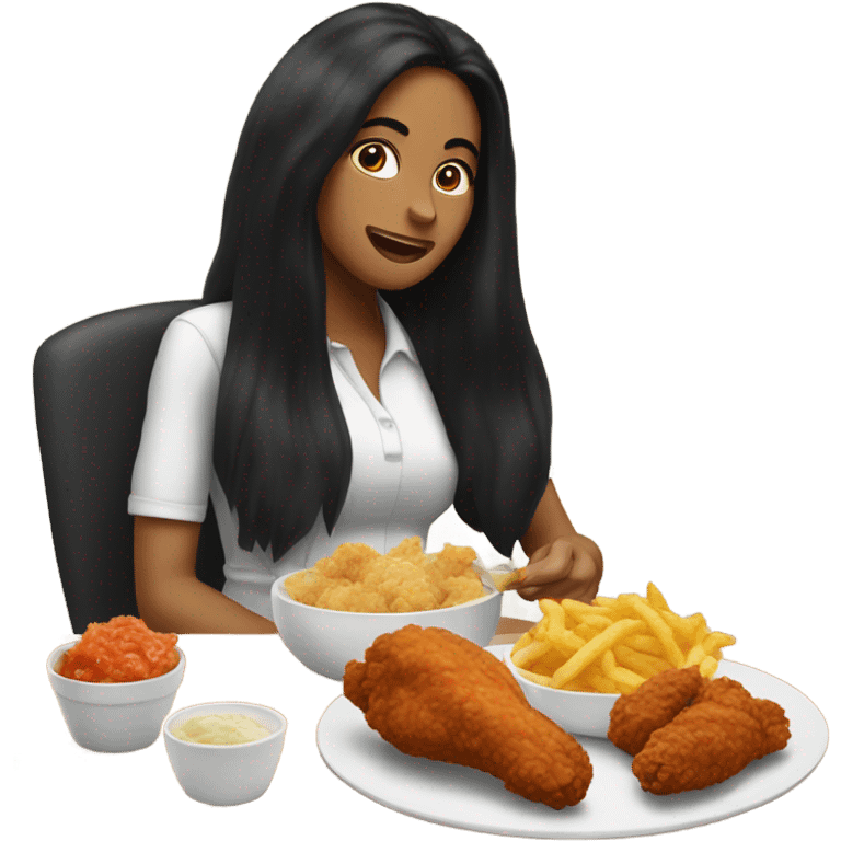 Woman with long black hair eating fried chicken emoji