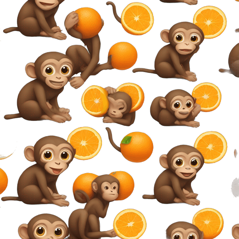 brown baby monkey sitting down eating a piece of orange with a blue blanket next to it emoji