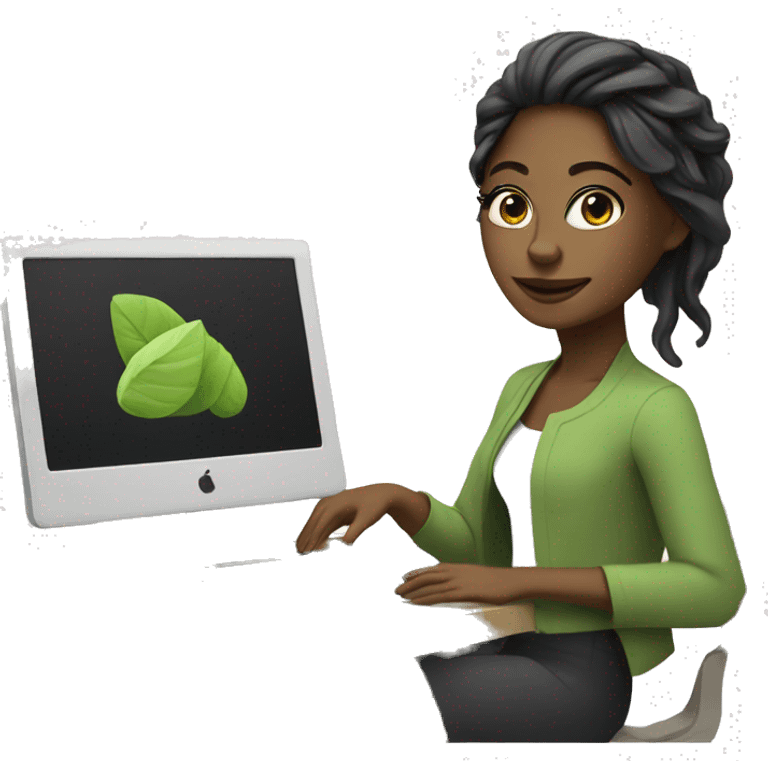 female designer with her computer and matcha emoji