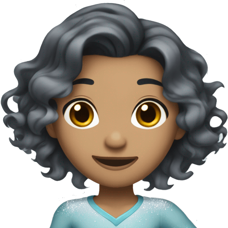 An ice skater with wavy black hair mixed skin color ice skating through the ice emoji