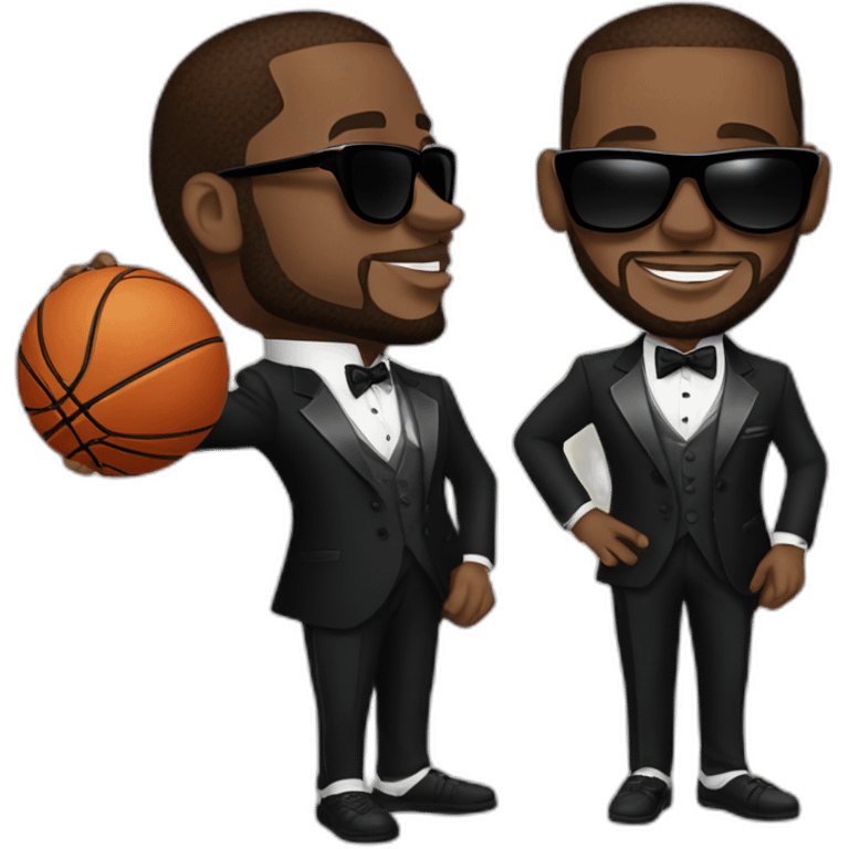 lebron james in a fancy tuxedo suit with sunglasses holding a basketball emoji