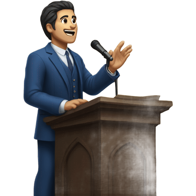 A man with dark hair and blue suit preaching behind pulpit emoji