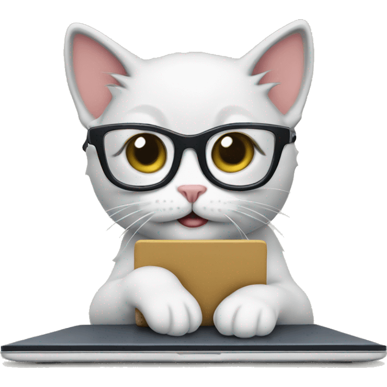 Kitten wearing glasses using a laptop to trade stock market emoji