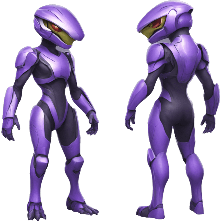 A purple Reptile-Raptor-Alien-Genesect-Mewtwo-Fakémon, with a futuristic visor-helmet, wearing a techwear-suit, Full Body emoji