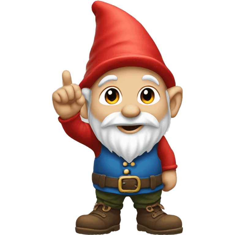 Gnome with the back of his left hand in front of him with his finger in the middle pointing up emoji