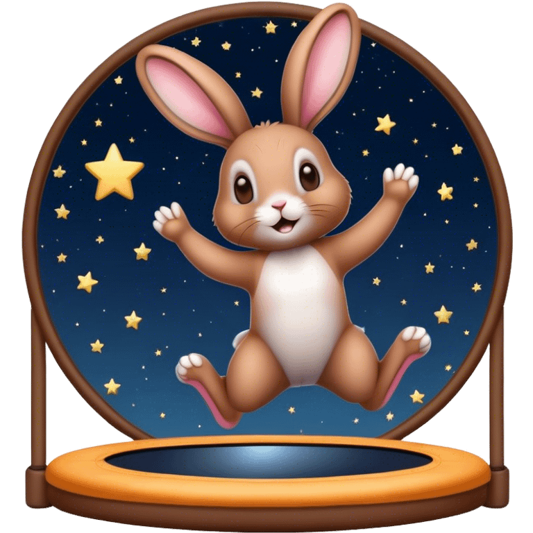 rabbit jumping on trampoline with starry sky and mirror emoji