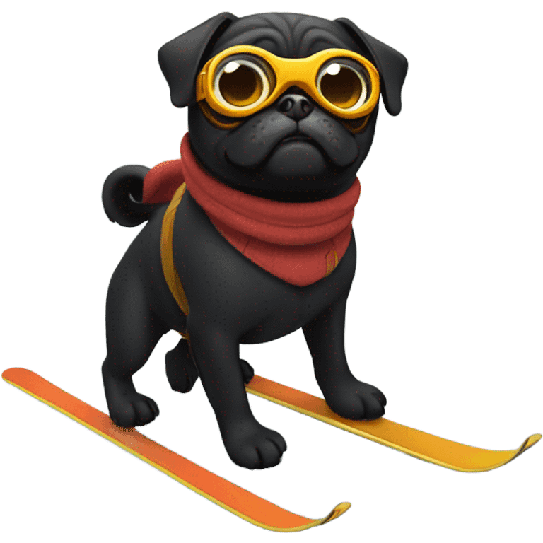 Black pug with a curly tail and goggles skiing on a snowy mountain emoji