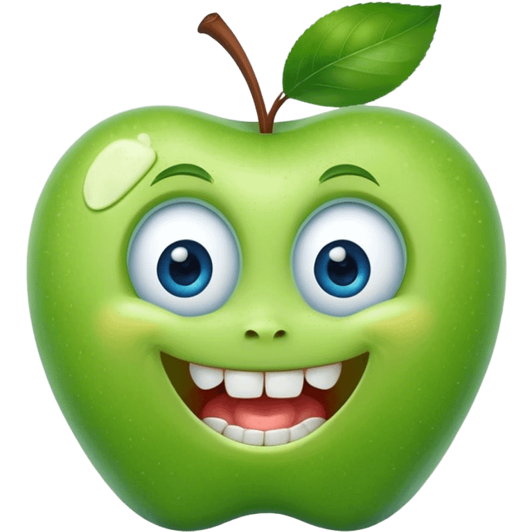 A cute green apple with a big smile and blue expressive big eyes, tooth emoji