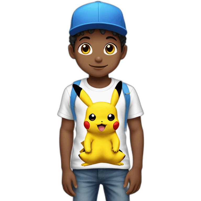 Niño negro Pikachu con camiseta azul claro gorra blanca emoji