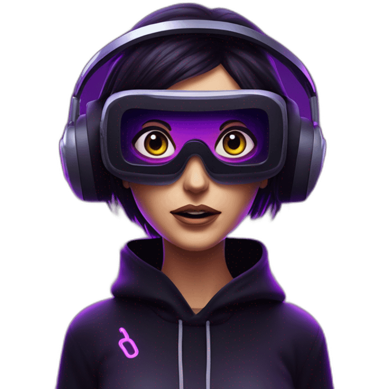 Cathie Wood wearing a black hoodie with "OMG" letters on it and VR headset in a cyberpunk VR environment with violet neon lighting. emoji