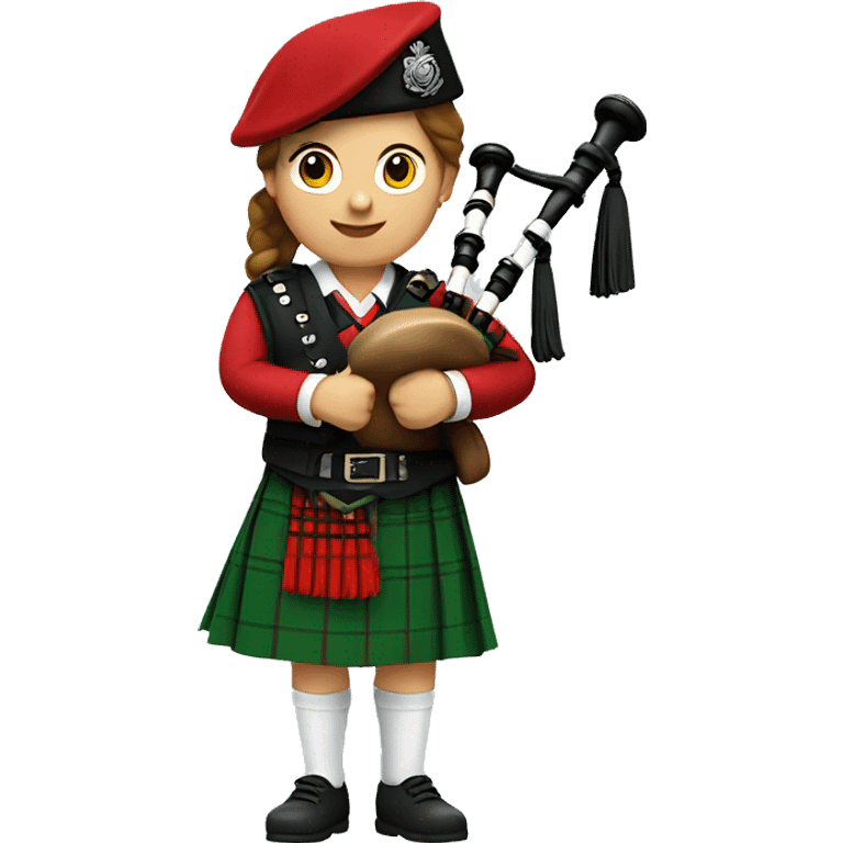 Female Bagpipe player red kilt, white socks, green beret emoji