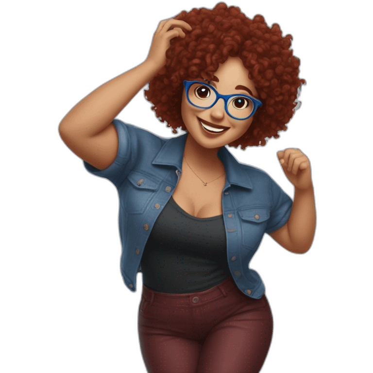 a-curvy-girl-with-dark-red-curly-hair-and-blue-glasses dancing with friends emoji