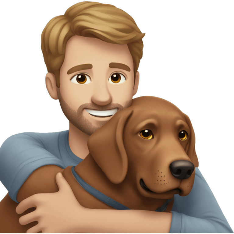 Red Labrador giving brown haired man a hug with no facial hair emoji