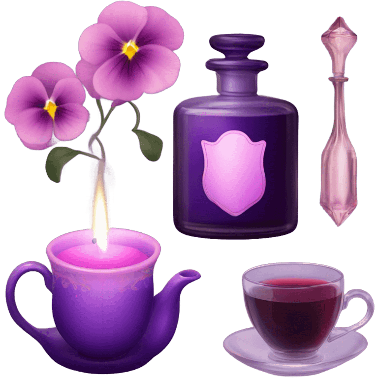 A cozy aesthetic: a dark purple candle in a glass jar, pink pansies, a violet vintage perfume bottle, and a pink cup of steaming tea. emoji