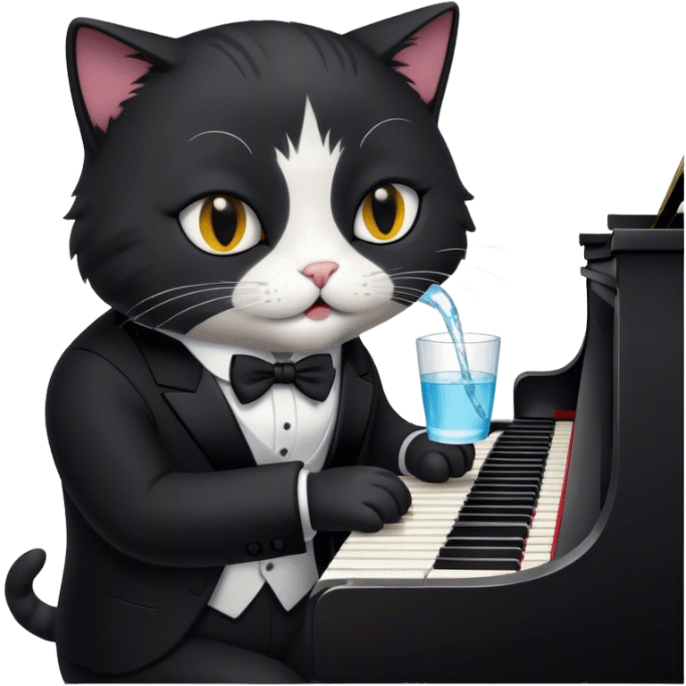 Um gato de terno preto tocando piano bebendo águaUm gato de terno preto tocando piano bebendo água emoji